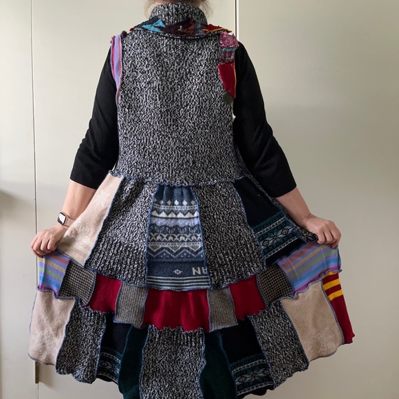 Upcycled Sweater Vest Long Cardi Boho Hippie Tiered Pixie Patchwork Cottage Core - Picture 6 of 14